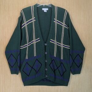 Picone‎ Cardigan Sweater Womens Large Green Argyle Plaid Grandpa Oversized Retro